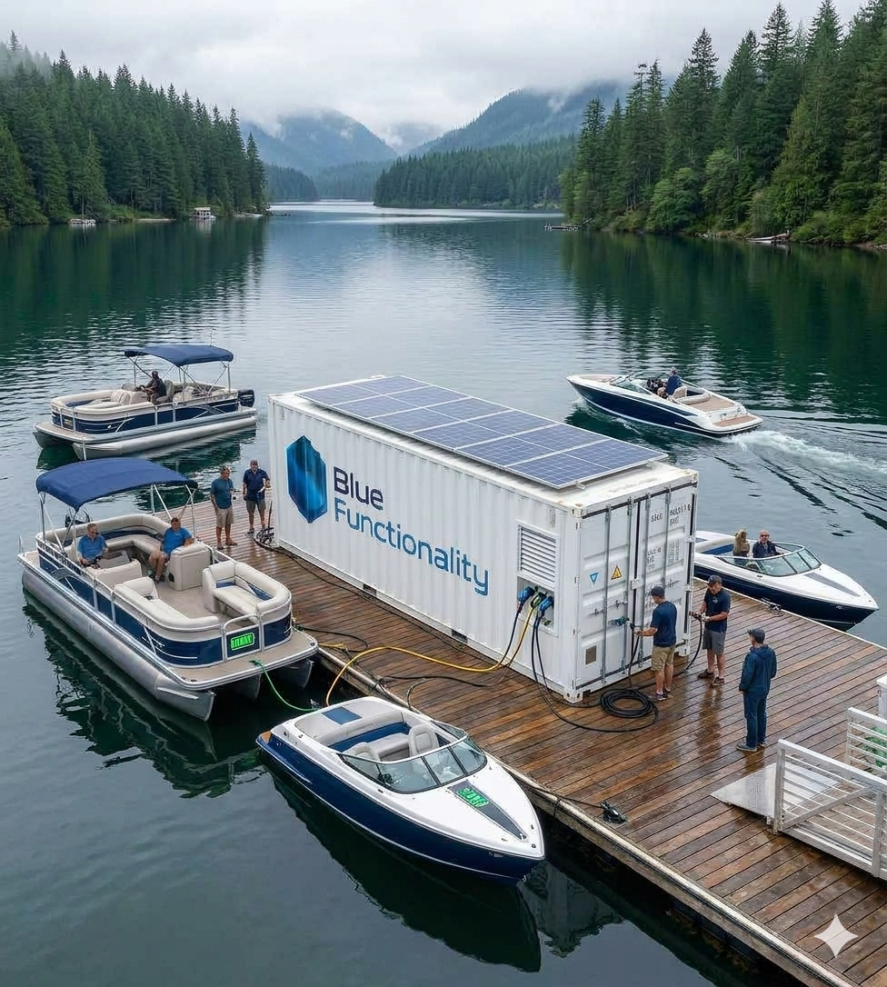 Vanadium solid-state shore buffer charging electric boats at a Pacific Northwest dock